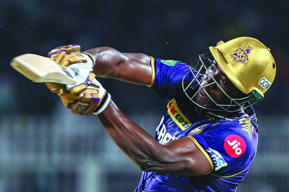 Kolkata Knight Riders’ Andre Russell plays a shot against Sunrisers Hyderabad at the Eden Gardens in Kolkata on Saturday. (AFP)
