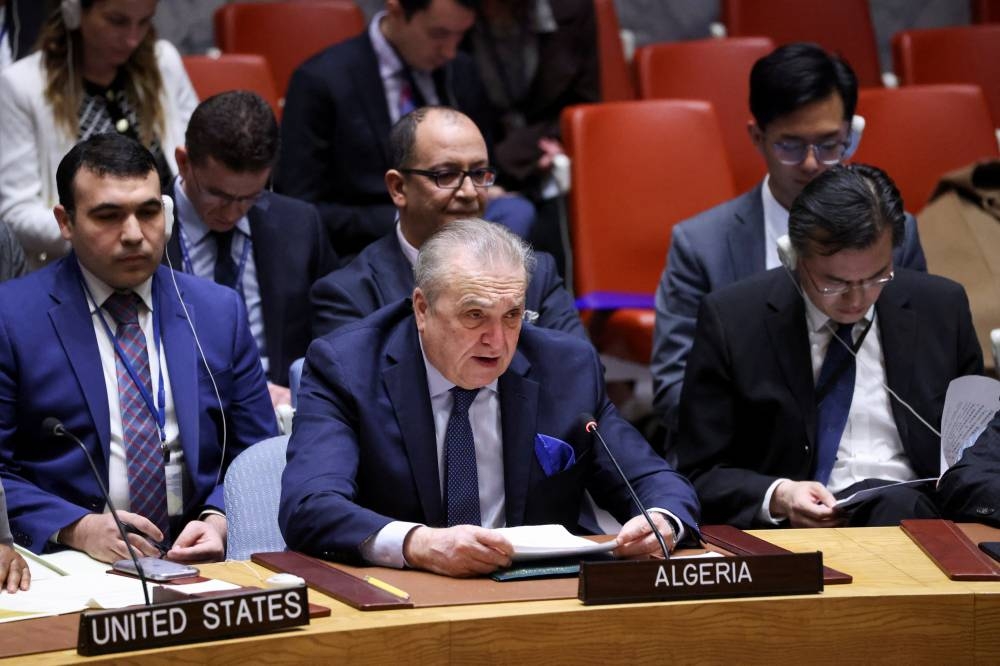 Algeria’s Representative to the United Nations Amar Bendjama addresses the Security Council on the day of a vote on a Gaza resolution that demands an immediate ceasefire for the month of Ramadan leading to a permanent sustainable ceasefire, and the immediate and unconditional release of all hostages, at UN headquarters in New York City on Monday. REUTERS