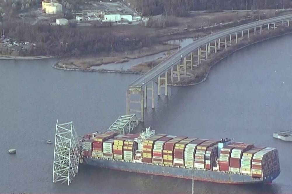 An aerial view of the Dali cargo vessel which crashed into the Francis Scott Key Bridge causing it to collapse in Baltimore. REUTERS