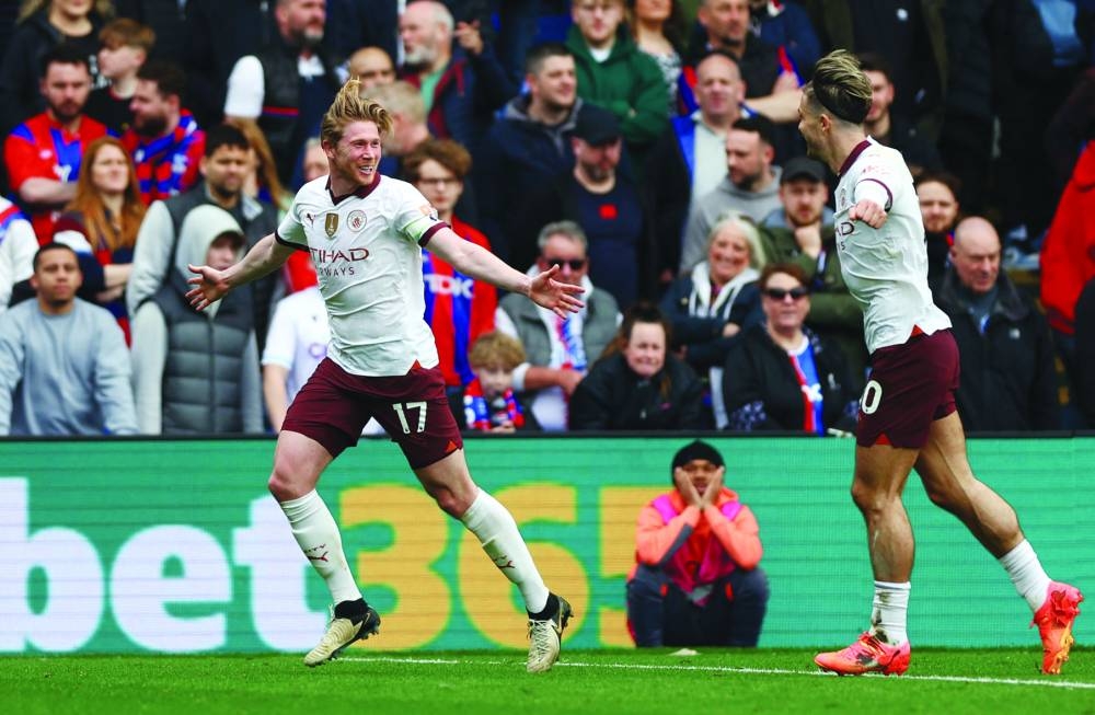 Manchester City’s Kevin De Bruyne celebrates after scoring against Crystal Palace. (Reuters)