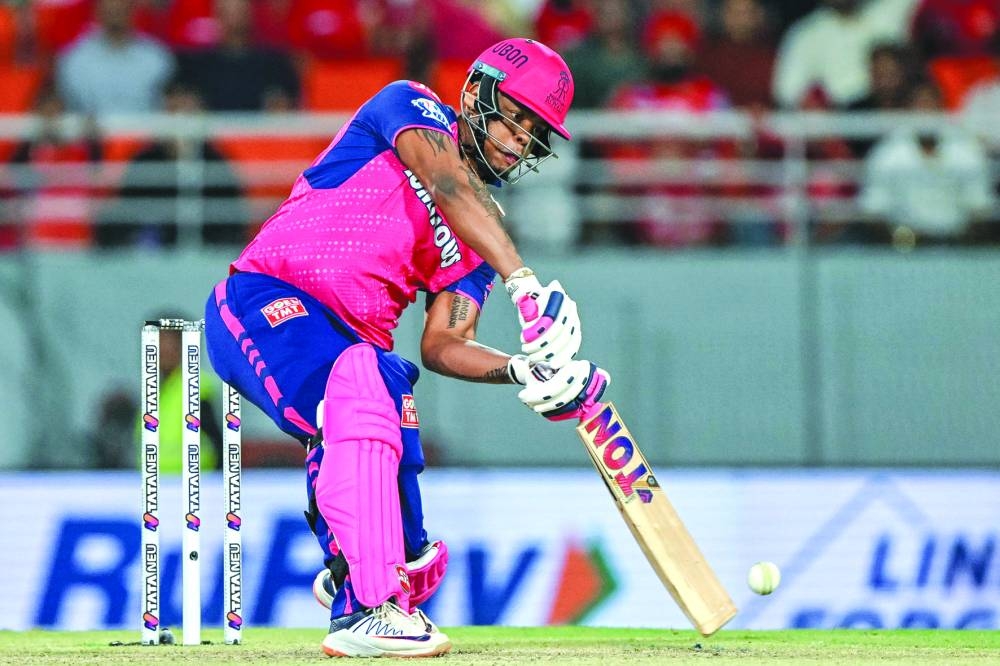 Rajasthan Royals’ Shimron Hetmyer plays a shot during the IPL match against Punjab Kings in Mohali on Saturday. (AFP)