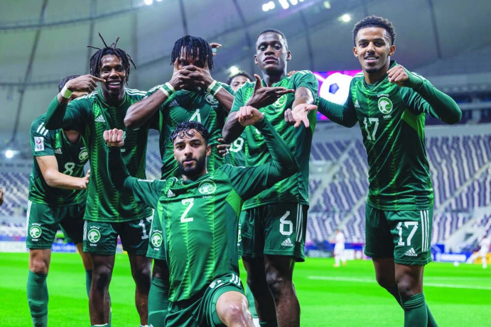 
Saudi Arabia players celebrate after scoring a goal against Tajikistan during the Group C match of the AFC U-23 Asian Cup Qatar 2024 at Khalifa International Stadium yesterday.
 