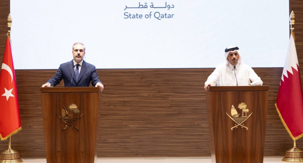 HE the Prime Minister and Minister of Foreign Affairs Sheikh Mohammed bin Abdulrahman bin Jassim Al-Thani holds a joint press conference with the Minister of Foreign Affairs of the Republic of Turkiye Hakan Fidan.