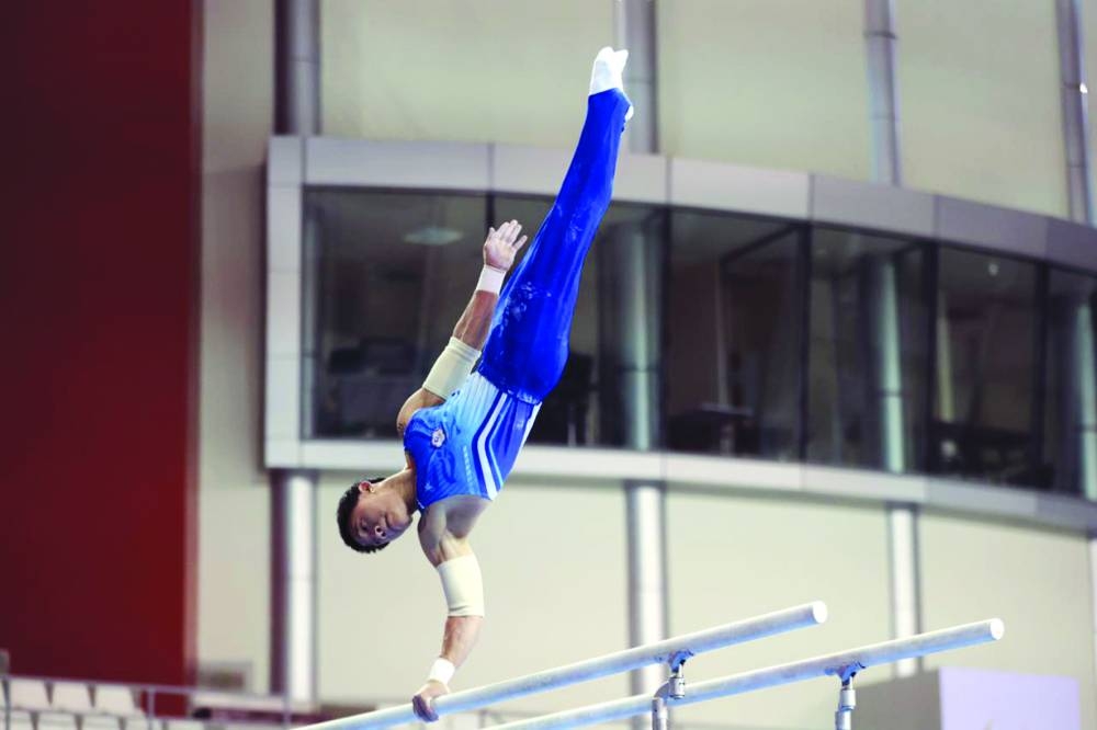 Chinese Taipei’s Tang Chia-Hung in action during the horizontal bar qualification at the Artistic Gymnastics World Cup Doha at the Women’s Sports Committee Hall on Thursday.