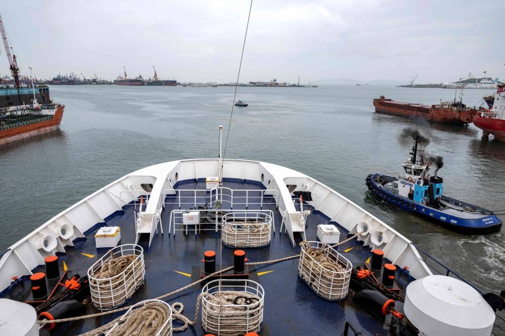 A view of the bow of the Akdeniz RoRo ship before its departure from the Tuzla seaport near Istanbul on Friday. AFP
