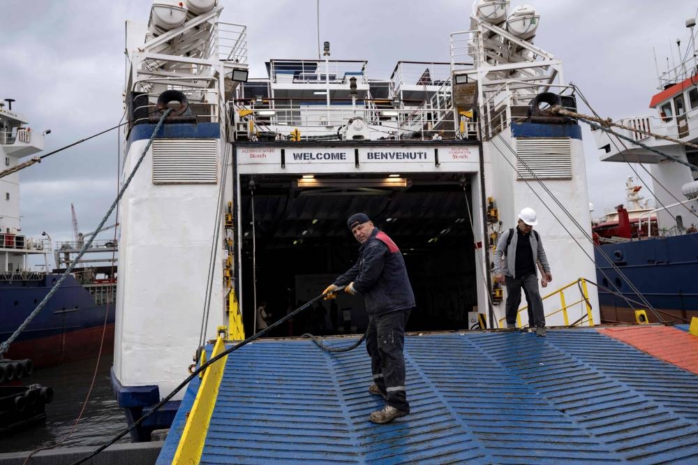 A sailor is seen on the ramp of the Akdeniz RoRo, part of the Freedom Flotilla Coalition, as it waits to depart from the Tuzla seaport, near Istanbul on Friday. AFP