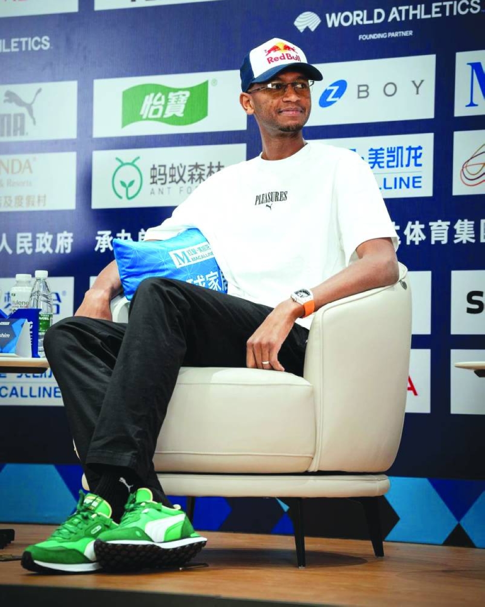 Qatar’s high hump star Mutaz Barshim addresses a news conference in Xiamen, China, on Friday.