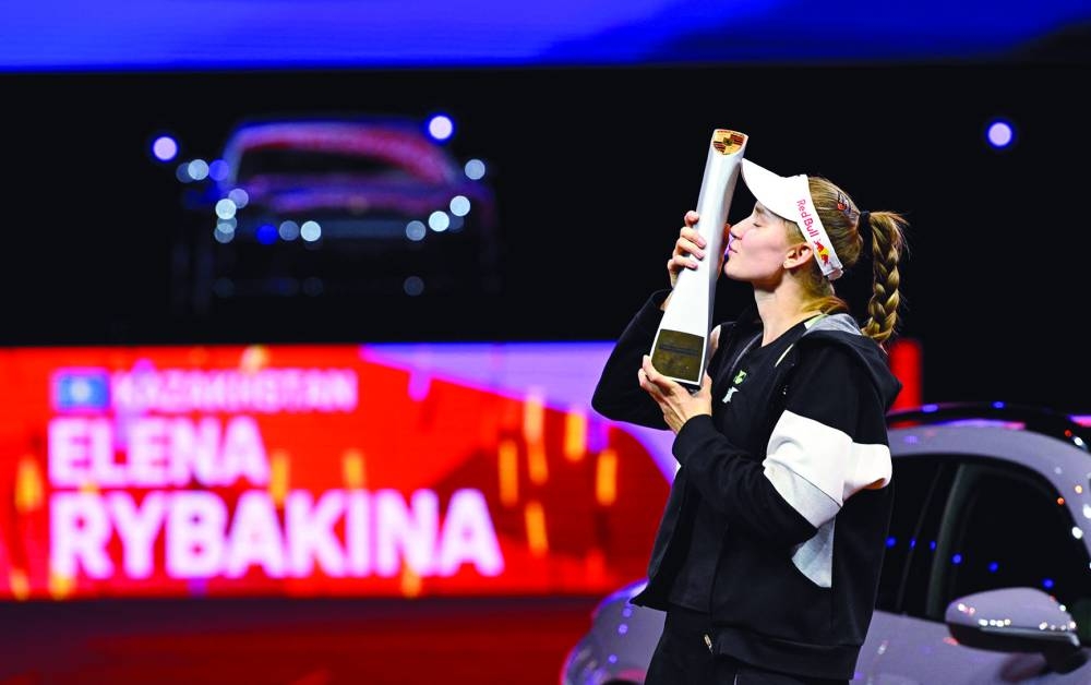 
Kazakhstan’s Elena Rybakina kisses her trophy after she defeated Ukraine’s Marta Kostyuk in the final of Grand Prix WTA tournament in Stuttgart yesterday. (AFP) 
