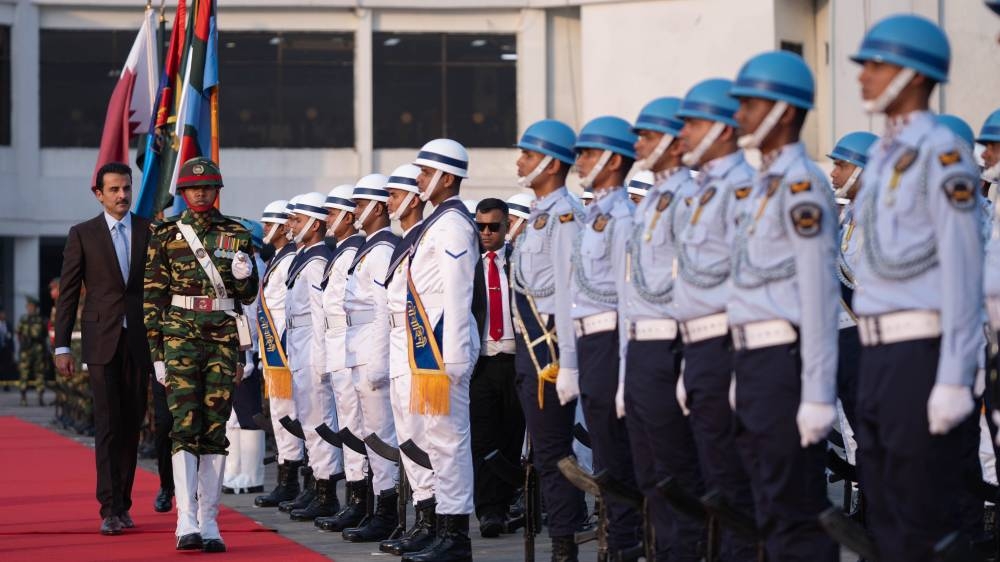 His Highness the Amir Sheikh Tamim bin Hamad al-Thani inspects a guard of honour during the ceremonial reception accorded to the Amir upon arrival in Dhaka.