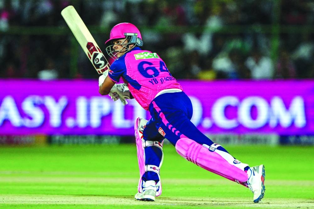 Rajasthan Royals’ Yashasvi Jaiswal plays a shot during the Indian Premier League match against Mumbai Indians in Jaipur on Monday. (AFP)