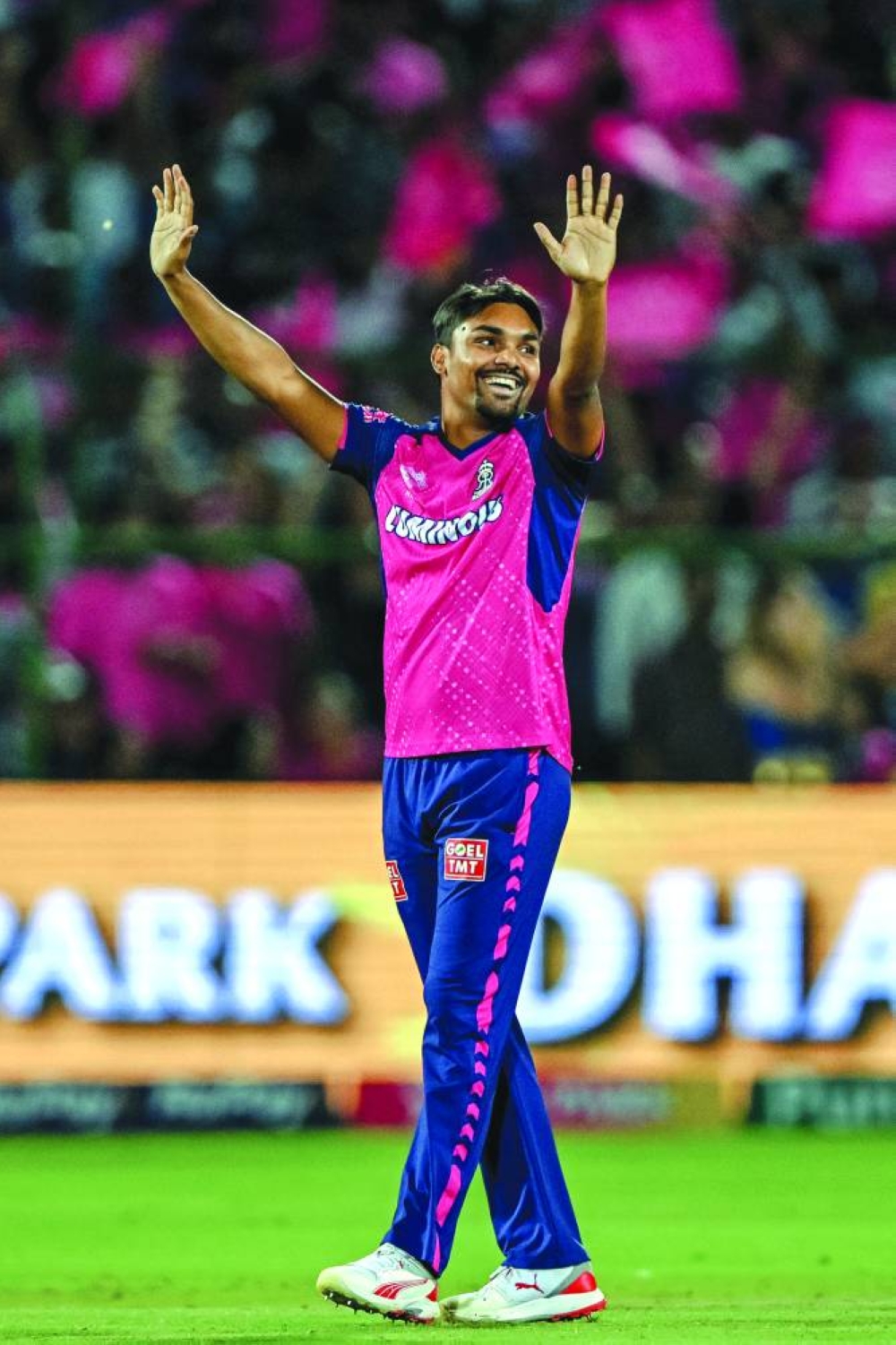 Rajasthan Royals’ Sandeep Sharma celebrates during the IPL match against Mumbai Indians in Jaipur on Monday. (AFP)