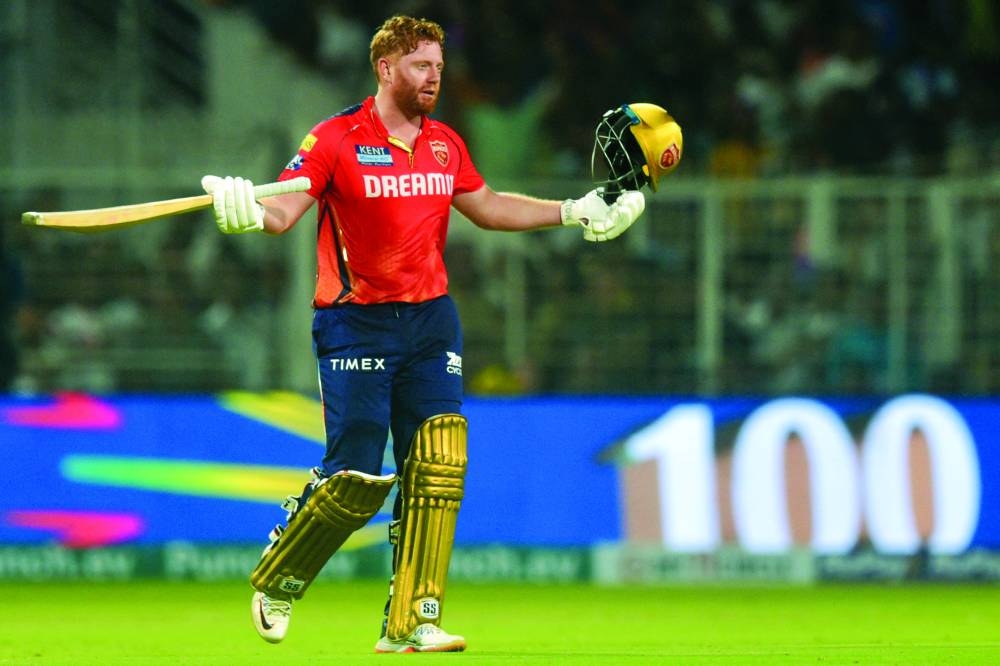 Punjab Kings’ Jonny Bairstow celebrates after scoring a century during the Indian Premier League match against Kolkata Knight Riders at the Eden Gardens in Kolkata on Friday. (AFP) 
