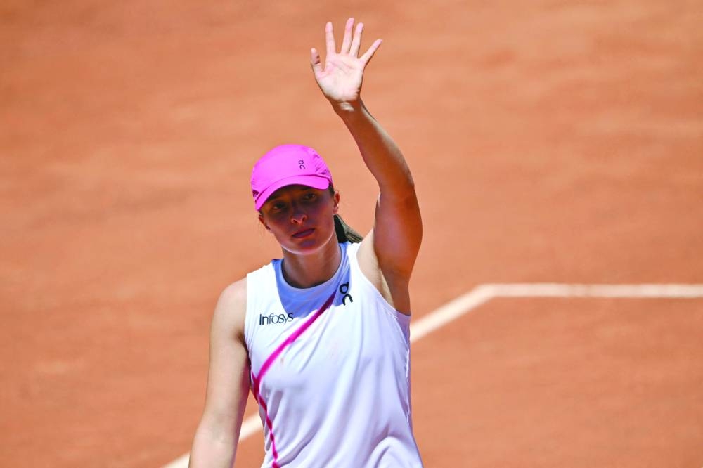 Poland’s Iga Swiatek after winning her match against Kazakhstan’s Yulia Putintseva during the Rome Open at Foro Italico in Rome on Saturday. (AFP)
