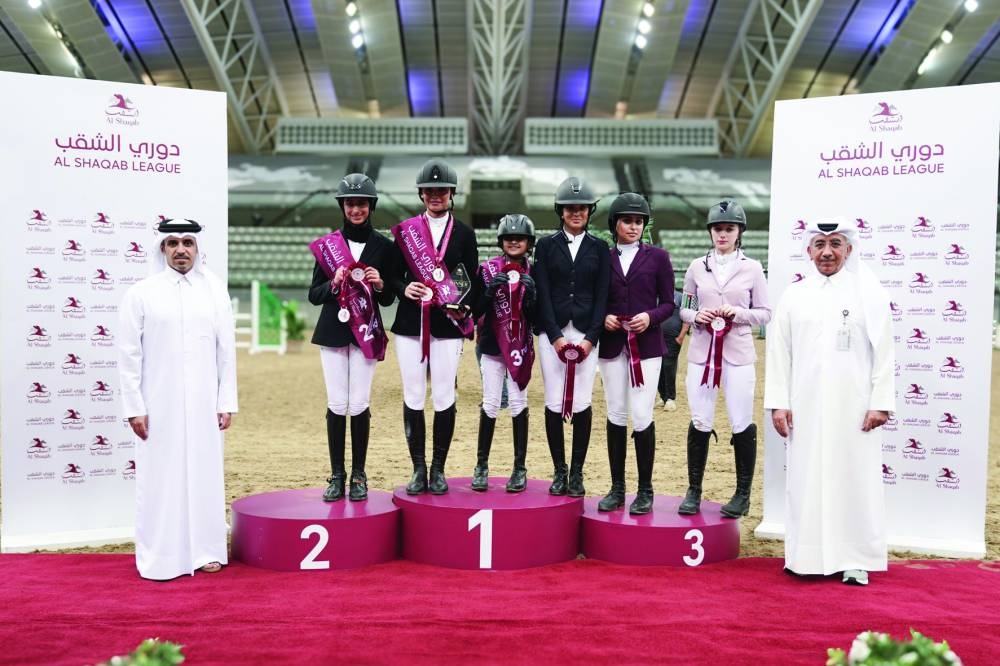 
Qatar Equestrian Federation & Modern Pentathlon President Bader Mohamed al-Darwish awarded the trophies to winners of the Ladies’ class 90cm event at Al Shaqab’s indoor arena. 