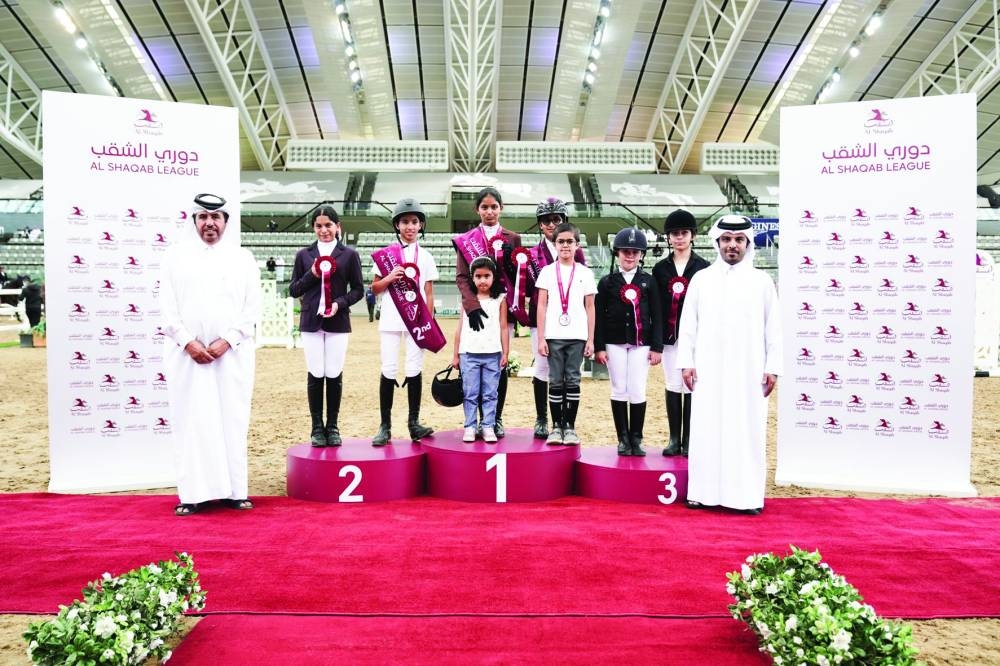 Shaikha Mohamed al-Thani won the Intro 40cm class, ahead of Ali Omar al-Ansari and Khalifa Joaan Hamad al-Thani at the Al Shaqab Showjumping League on Saturday.