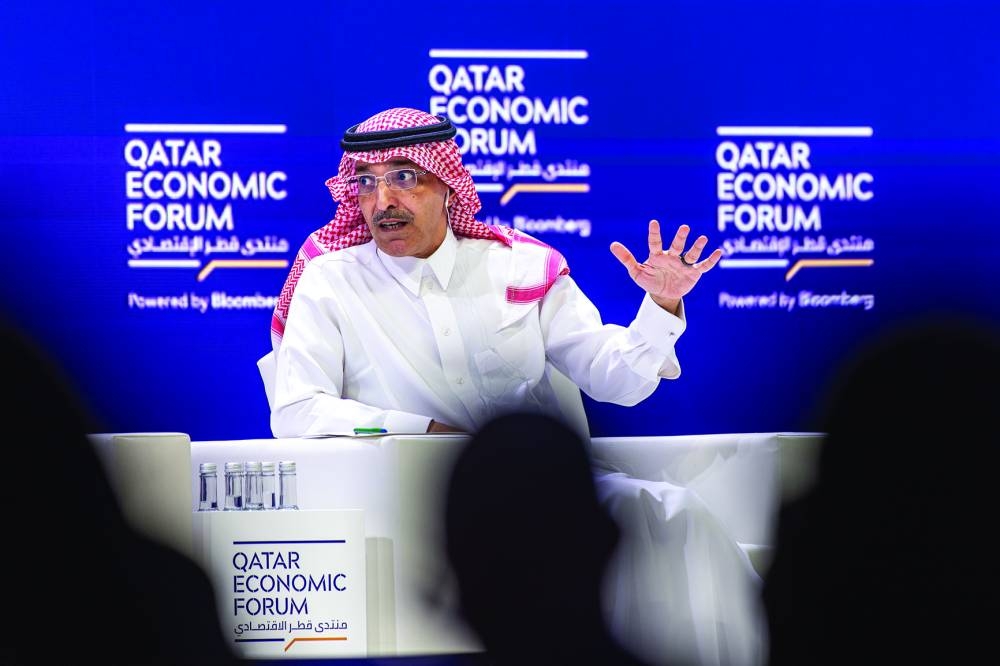 Mohamed al-Jadaan, Saudi Arabia's Finance Minister, addressing the Qatar Economic Forum (QEF) in Doha on Tuesday. While his country’s massive investments are helping to grow the non-oil economy, the kingdom needs to be careful about “overheating” — which could cause inflation to quicken — and “leakages”, he said.