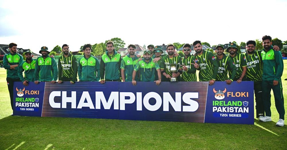 Pakistan team celebrate beating Ireland in the third and final T20I in Dublin on Tuesday. Pakistan won the three-match series 2-1. (@TheRealPCB)