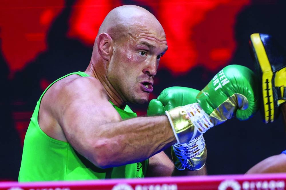 
Britain’s Tyson Fury trains in Riyadh ahead of his undisputed heavyweight world boxing championship fight against Ukraine’s Oleksandr Usyk on May 18. (AFP) 