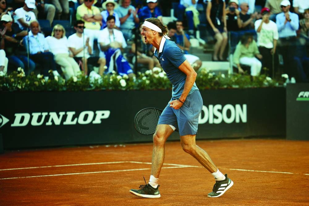 Germany’s Alexander Zverev celebrates after winning his semi-final against Chile’s Alejandro Tabilo at the Rome Open on Friday. (Reuters)