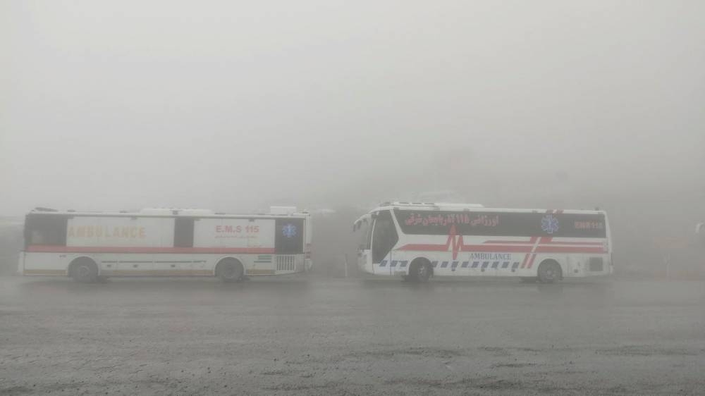 Rescue vehicles are seen following a crash of a helicopter carrying Iran's President Ebrahim Raisi, in Varzaqan , East Azerbaijan Province, Iran, on Sunday. Azin Haghighi/Moj News Agency/WANA via REUTERS