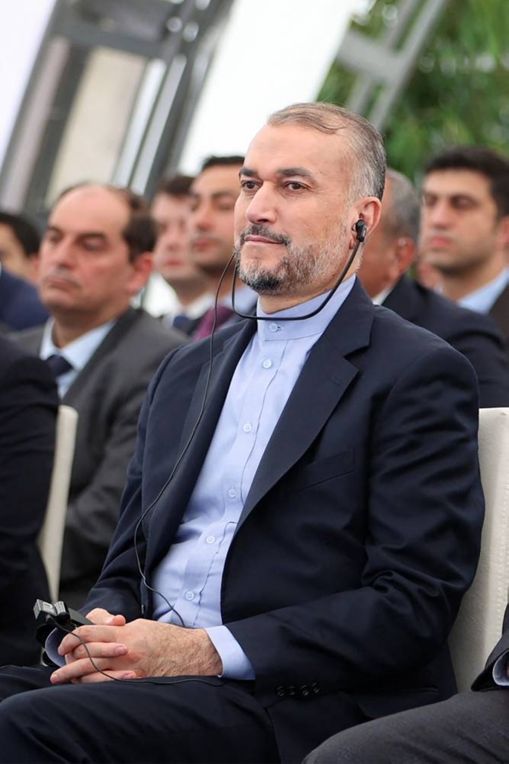 Iran's Foreign Minister Hossein Amir-Abdollahian during a ceremony in Aras with the Iranian and Azeri presidents marking the inauguration of the third dam jointly built by Iran and Azerbaijan on the Aras River.