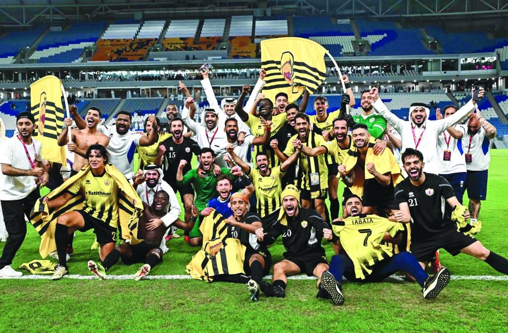 Qatar SC players celebrate winning the Amir Cup semi-final against Al Gharafa at Al Janoub Stadium on Sunday. PICTURES: Noushad Thekkayil
