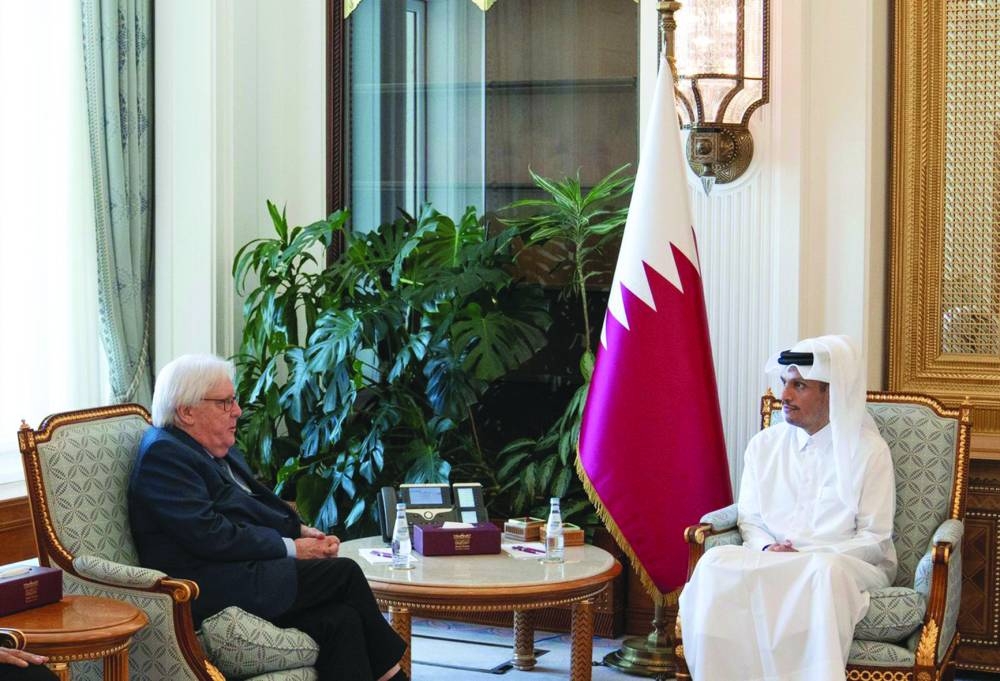 HE the Prime Minister and Minister of Foreign Affairs Sheikh Mohamed bin Abdulrahman bin Jassim al-Thani meets with UN Under-Secretary-General for Humanitarian Affairs and Emergency Relief Coordinator, Martin Griffiths.