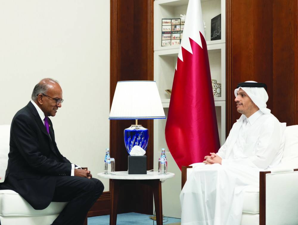 HE the Prime Minister and Minister of Foreign Affairs Sheikh Mohamed bin Abdulrahman bin Jassim al-Thani meets with Singaporean Minister for Home Affairs and Law K Shanmugam