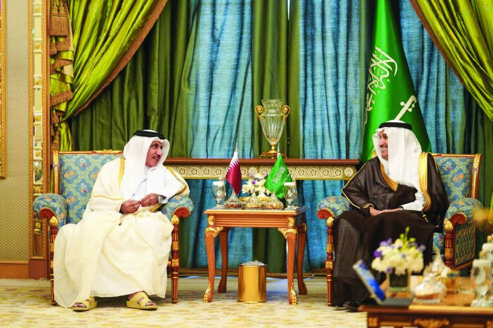 HE the Minister of Transport Jassim Saif Ahmed al-Sulaiti meeting Saudi Arabia's Minister of Transport and Logistic Services, engineer Saleh bin Nasser al-Jasser on the sidelines of the forum.