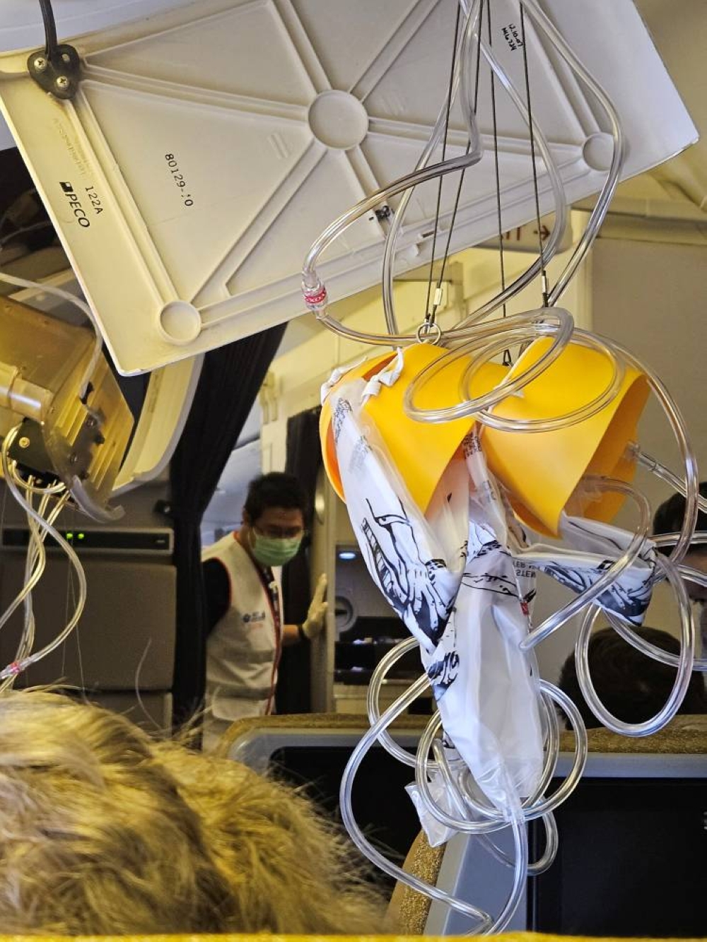The interior of Singapore Airline flight SQ321 is pictured after an emergency landing at Bangkok's Suvarnabhumi International Airport, in Bangkok, Thailand on Tuesday.  Obtained by Reuters/Handout via REUTERS