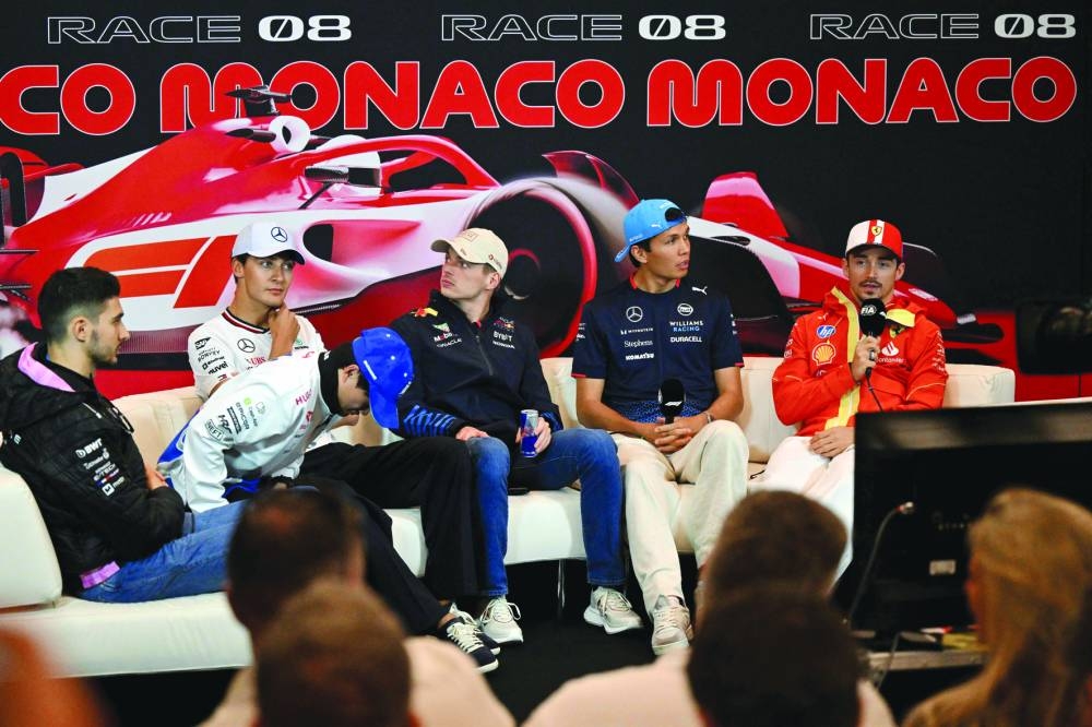 
FROM LEFT: Alpine’s French driver Esteban Ocon, RB’s Japanese driver Yuki Tsunoda, Mercedes’ British driver George Russell, Red Bull Racing’s Dutch driver Max Verstappen, Williams’ Thai driver Alexander Albon and Ferrari’s Monegasque driver Charles Leclerc attend the drivers press conference at the Circuit de Monaco in Monaco ahead of the Monaco Grand Prix. (AFP) 