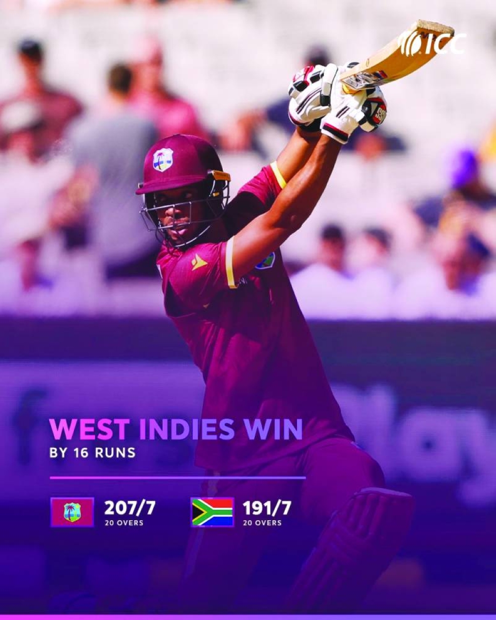 
Batsman Roston Chase of the West Indies in action against South Africa during their second T20I at Kingston, Jamaica, on Saturday. West Indies won the match by 16 runs. (@ICC) 