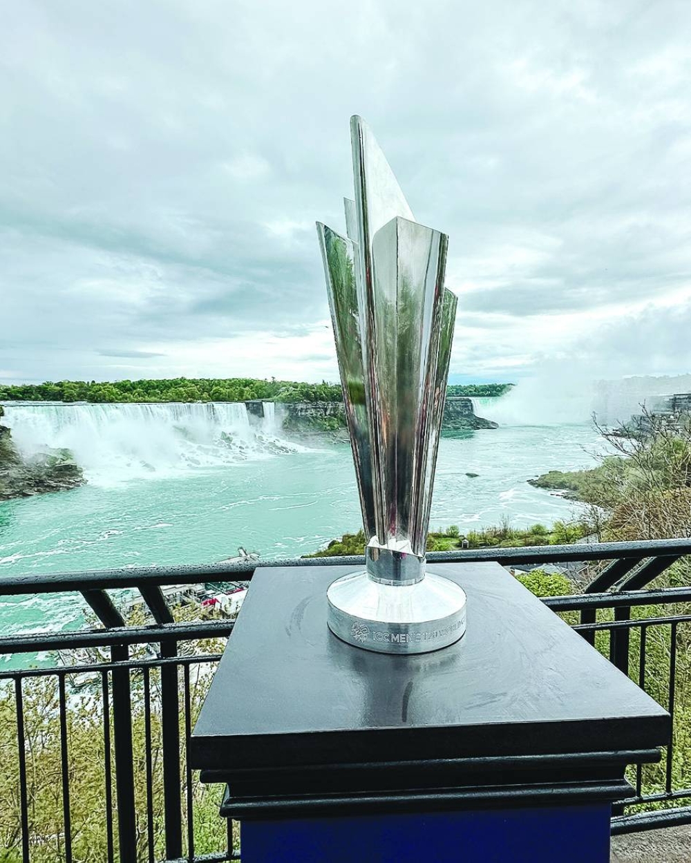 The T20 World Cup trophy is seen at the Niagara Falls, Toronto, during a promotional event last month. (@canadiancricket)