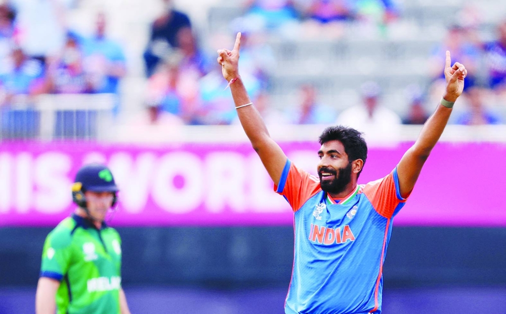 Jasprit Bumrah of India celebrates the wicket of Harry Tector of Ireland at Nassau County International Cricket Stadium in New York on Wednesday. (AFP)
