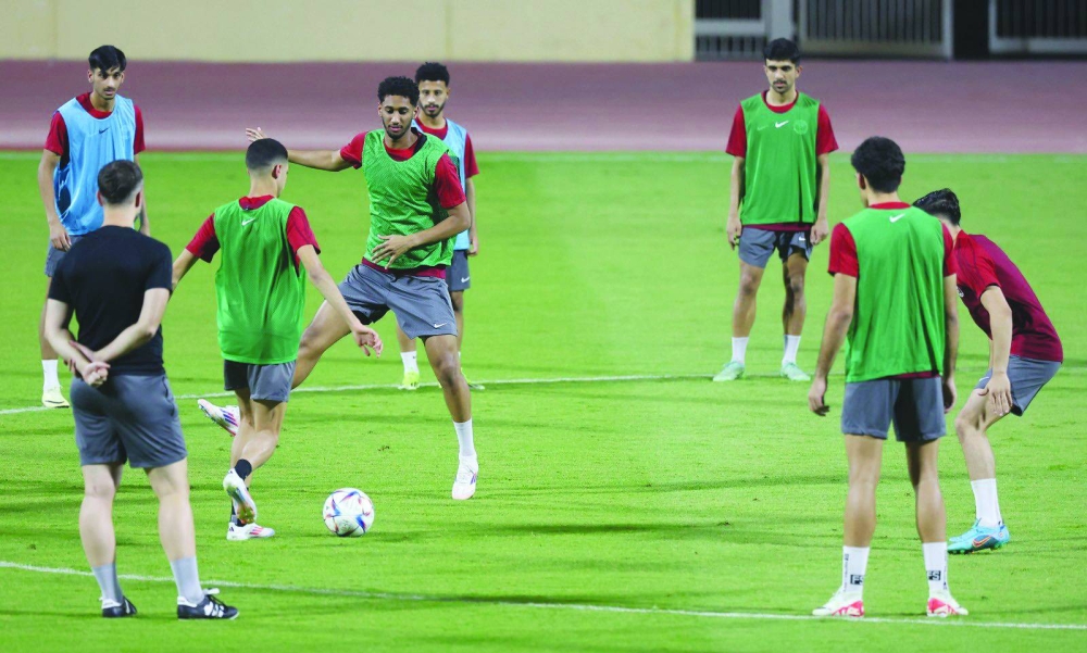 Qatar players in action during a training session on Wednesday, on the eve of the joint qualification match for the FIFA World Cup 2026 and AFC Asian Cup 2027 against Afghanistan in Al Hasa, Saudi Arabia.