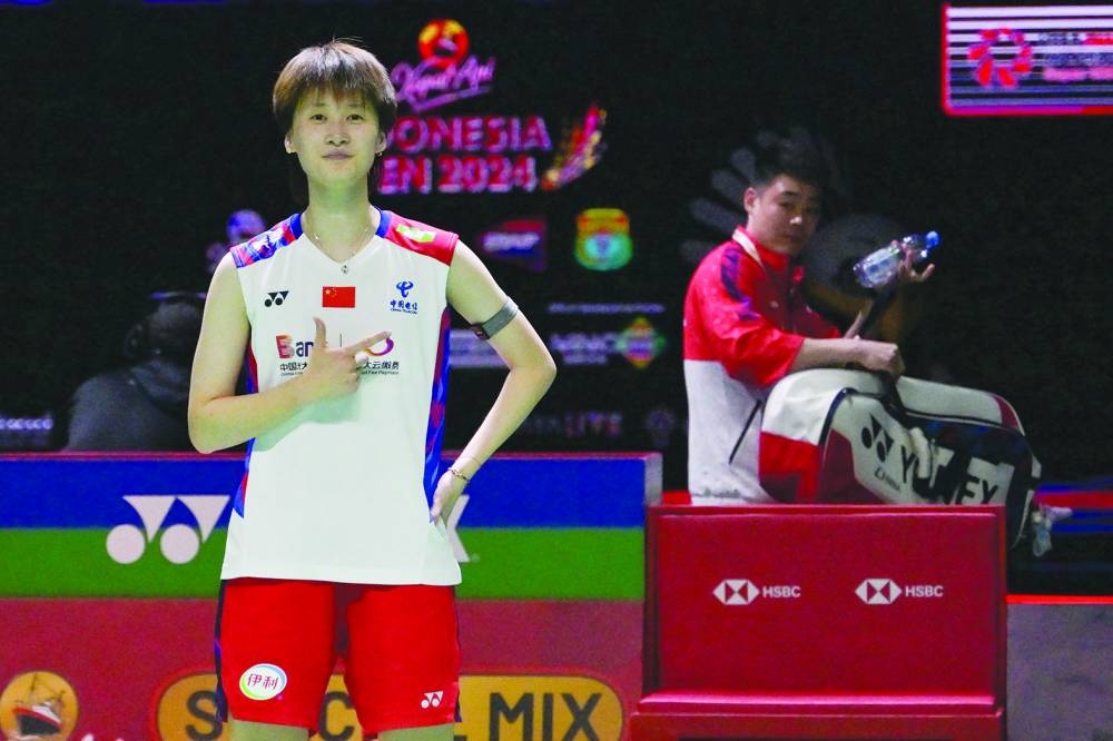 China’s Chen Yufei celebrates winning against South Korea’s An Se-young in their women’s singles final at the Indonesia Open in Jakarta on Sunday. (AFP)