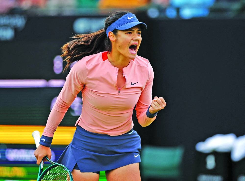 Britain’s Emma Raducanu reacts during her match against Japan’s Ena Shibahara at the Nottingham Open on Tuesday. (Reuters)
