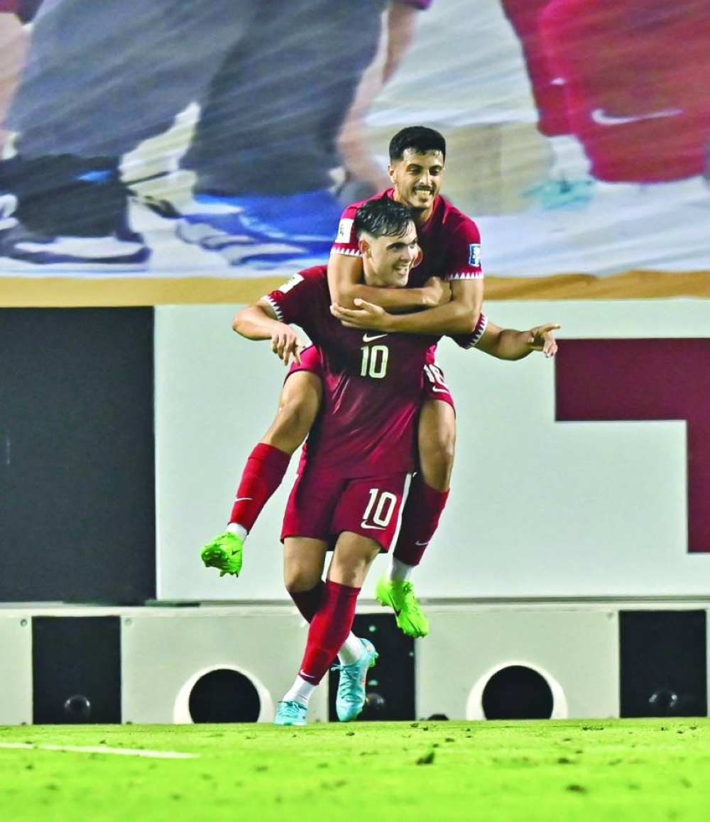 Qatar’s Ahmed al-Rawi celebrates after scoring against India in the joint qualification match for the FIFA World Cup 2026 and AFC Asian Cup 2027 at the Jassim Bin Hamad Stadium in Doha on Tuesday. PICTURES: Noushad Thekkayil