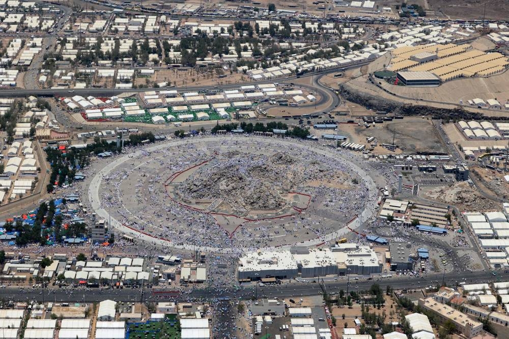 This aerial view shows Saudi Arabia's Mount Arafat, also known as Jabal al-Rahma or Mount of Mercy, surrounded by tents used by pilgrims during the climax of the Hajj pilgrimage on Saturday. AFP