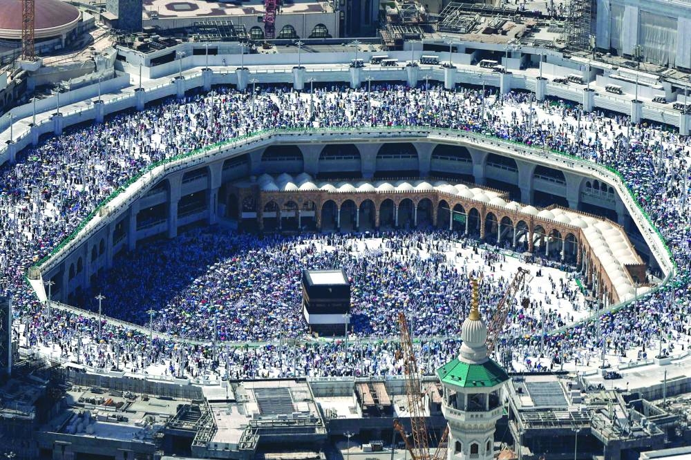 An aerial view shows Makkah’s Grand Mosque with the Ka’aba, on Monday, during the annual Haj pilgrimage.