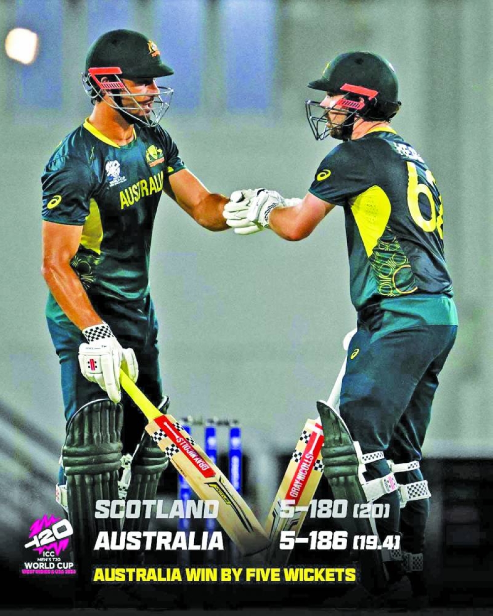 Australia’s Mitch Marsh (left) and Travis Head during their T20 World Cup match against Scotland on Sunday. Right: West Indies’ Akeal Hosein (right) celebrates after dismissing Afghanistan’s Azmatullah Omarzai (out of frame) with teammates Brandon King (left) and captain Rovman Powell (centre) during the ICC Twenty20 World Cup match at Daren Sammy Cricket Ground in Gros Islet, St Lucia, on Tuesday. (@CricketAus/AFP)