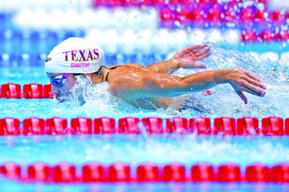
Regan Smith of the United States competes in a preliminary heat of the women’s 200m butterfly on Day Five of the 2024 US Olympic Team Swimming Trials at Lucas Oil Stadium in Indianapolis, Indiana. (AFP) 
