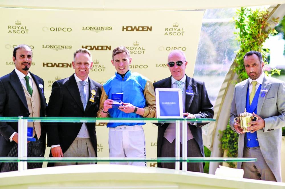 Connections of Leovanni celebrate after the Wathnan Racing-owned filly won the Queen Mary Stakes (Group 2) at Royal Ascot on Wednesday.