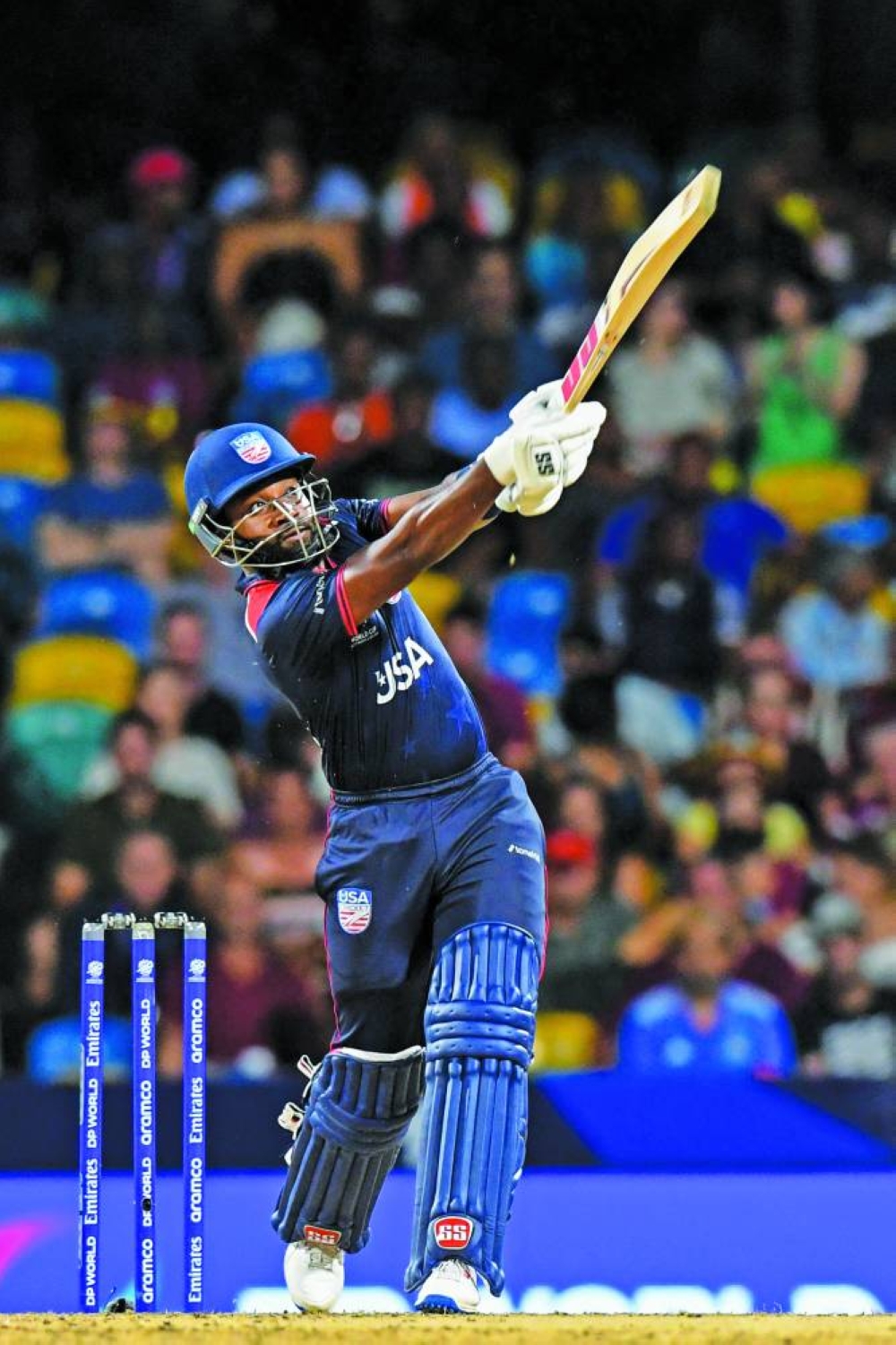 USA's Aaron Jones hits a six during the ICC men's Twenty20 World Cup 2024 Super Eight match against West Indies at Kensington Oval in Bridgetown, Barbados on Friday. (AFP)
