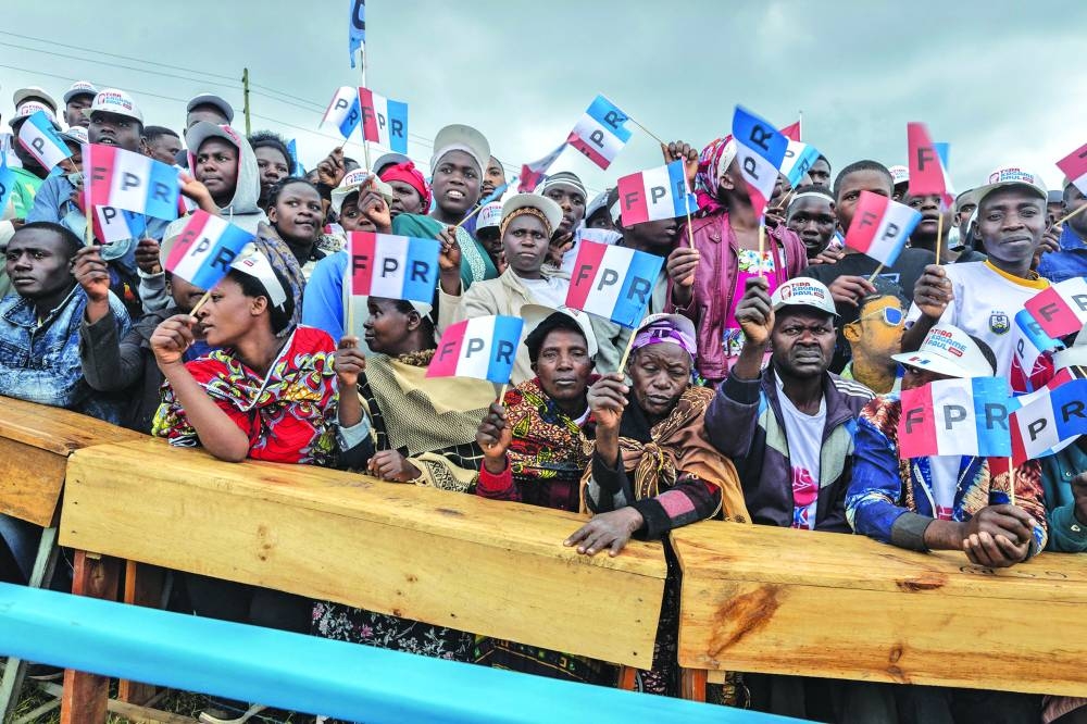 
Rwanda Patriotic Front supporters gather during a kick-off rally to support Rwandan President Paul Kagame, in Musanze. 