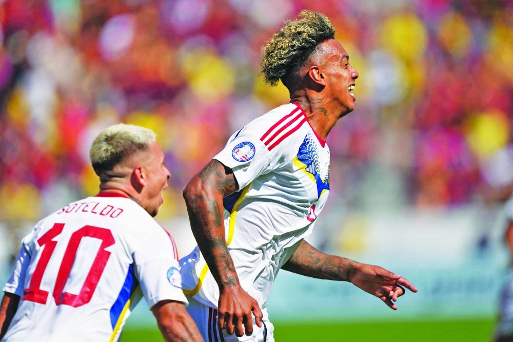Jhonder Cadiz of Venezuela celebrates after scoring the team's second goal during the CONMEBOL Copa America 2024 Group B match against Ecuador at Levi's Stadium in Santa Clara, California. (AFP)