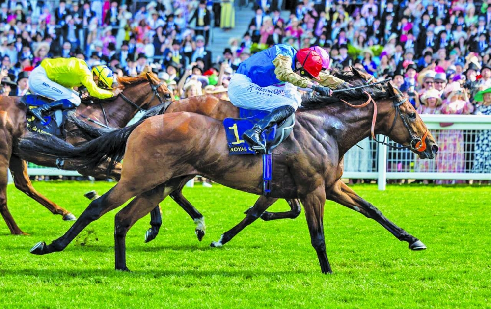 
The connections of Haatem celebrate after the Wathnan Racing’s colt won the Gr 3 Jersey Stakes at Royal Ascot on Saturday. 
 
