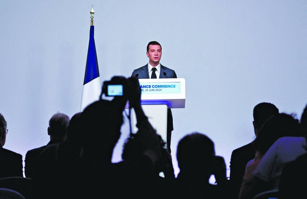 Jordan Bardella, President of the French far-right Rassemblement National (RN) party, during a press conference to present policy priorities as part of the campaign for the upcoming French parliamentary elections, in Paris, yesterday. (Reuters)