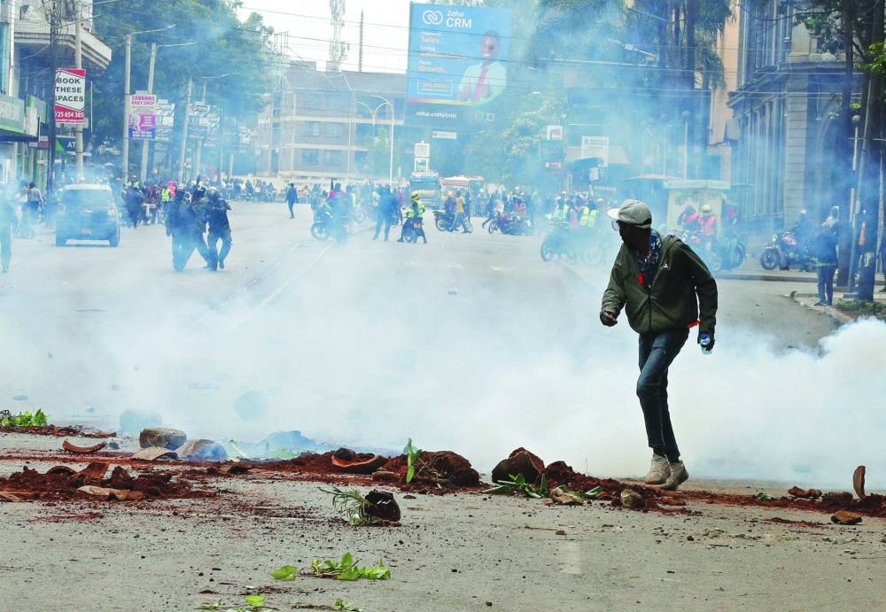 
A protester reacts to tear gas during a demonstration. 