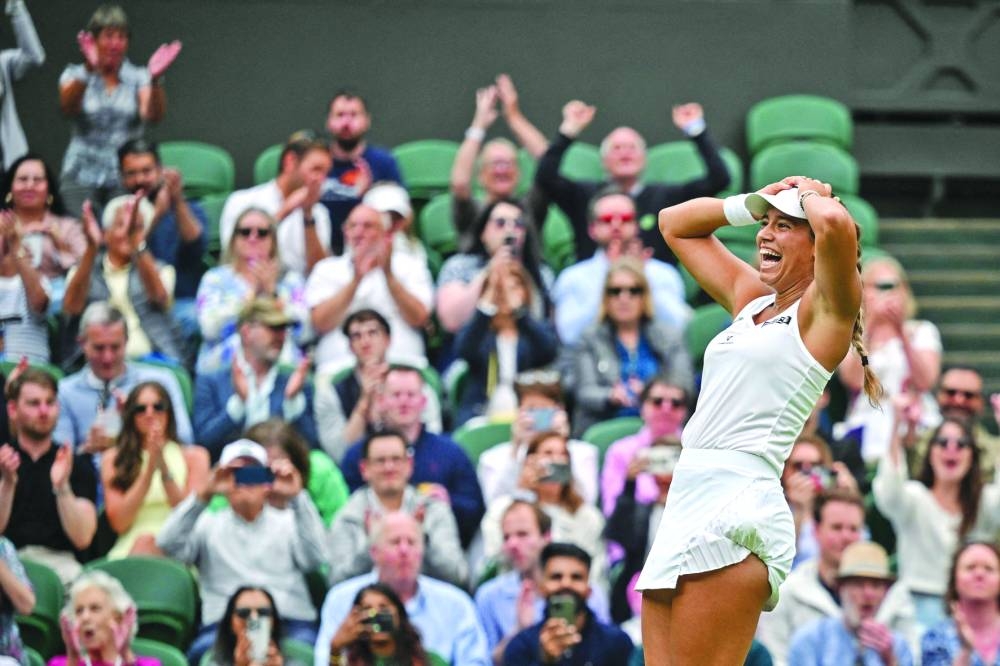 
Spain’s Jessica Bouzas Maneiro celebrates winning against Czech Republic’s Marketa Vondrousova on Tuesday. (AFP) 